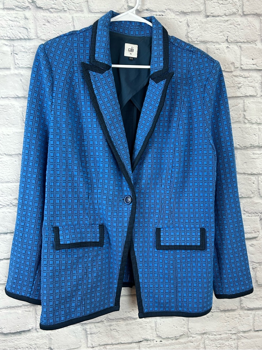 Cabi Blue Black Geometric Jacquard Blazer Jacket Women’s XL Contrast Trim